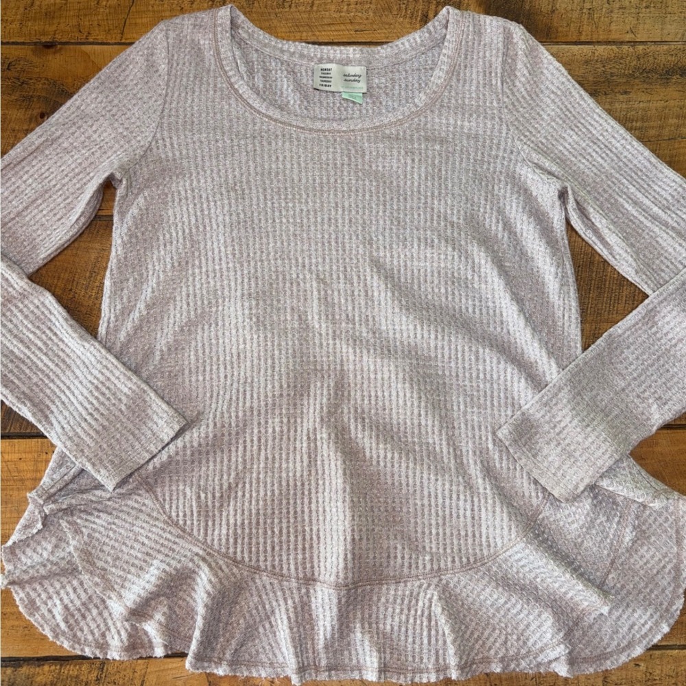 Anthropologie Saturday Sunday Womens Wendy Waffle Knit Ruffle Long Sleeve Top S